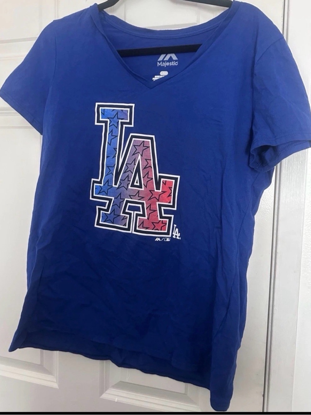 Majestic MLB Los Angeles Dodgers LA Logo Blue V-Neck T-Shirt Womens L/G